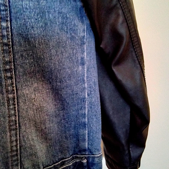 Boys Distressed Denim Jacket with Hood & Faux Leather Sleeves - Picture 4 of 14